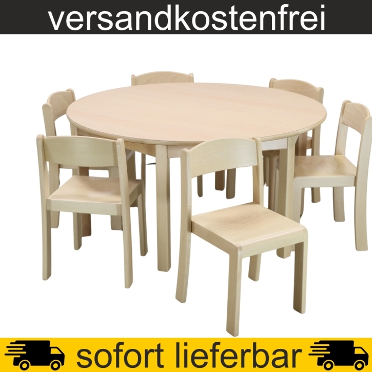 Rundtisch Ø 120 cm Höhe 59 cm gerade Zarge HPL Buche + 6 Stapelstühle ERIC Sitzh. 35 cm, Filzgleiter