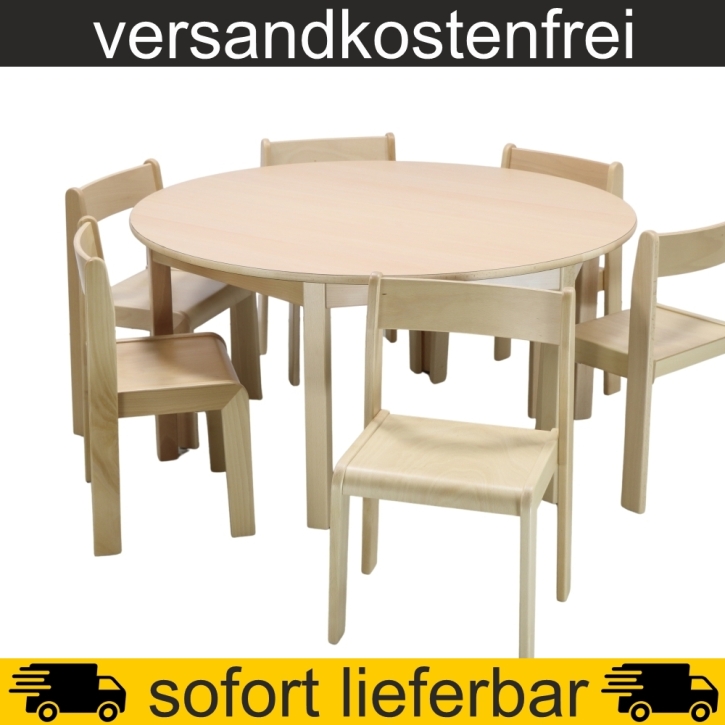 Rundtisch Ø 120 cm Höhe 59 cm gerade Zarge HPL Buche + 6 Stapelstühle TIM Sitzh. 35 cm, Kunststoffgleiter