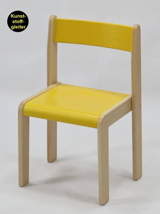 Stuhl Tim mit gelber Rückenlehne und Sitzfläche, Sitzhöhe 26 cm, Kunststoffgleiter
