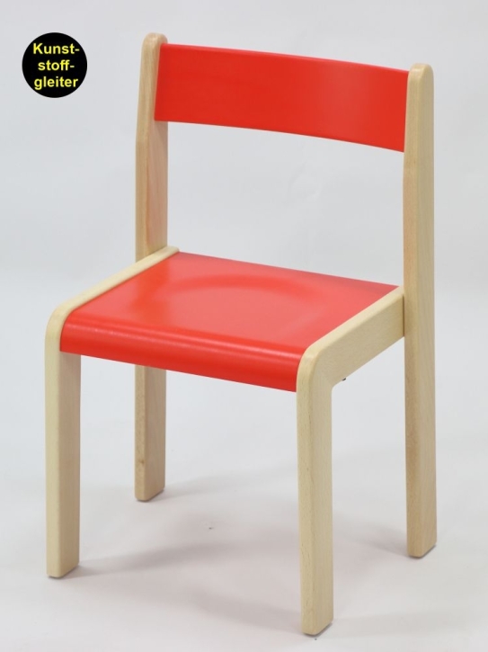 Stuhl Tim mit roter Rückenlehne und Sitzfläche, Sitzhöhe 26 cm, Kunststoffgleiter