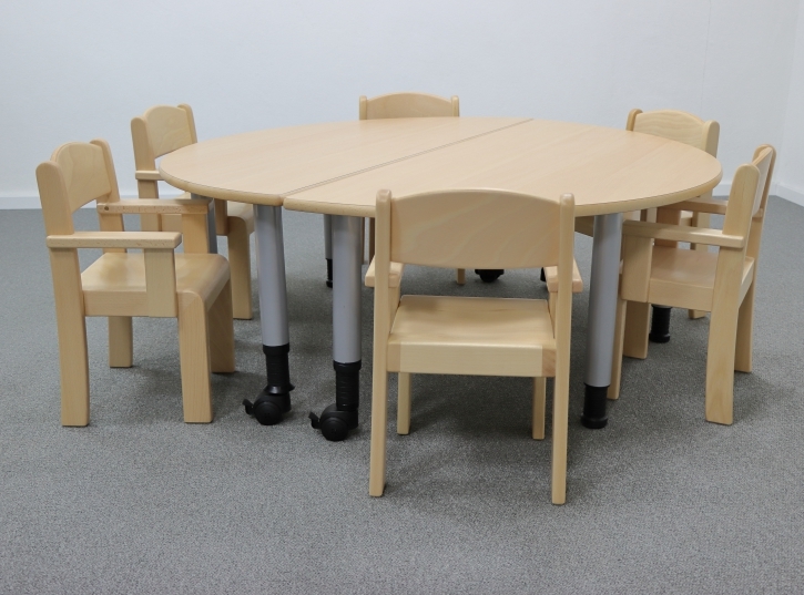 Zargenloser Halbrundtisch 120x60 cm, höhenverstellbar, optional mobil