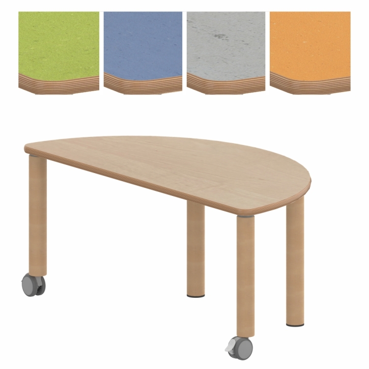 Fahrbarer, zargenloser Halbrundtisch 120x60 cm, Holzbeine