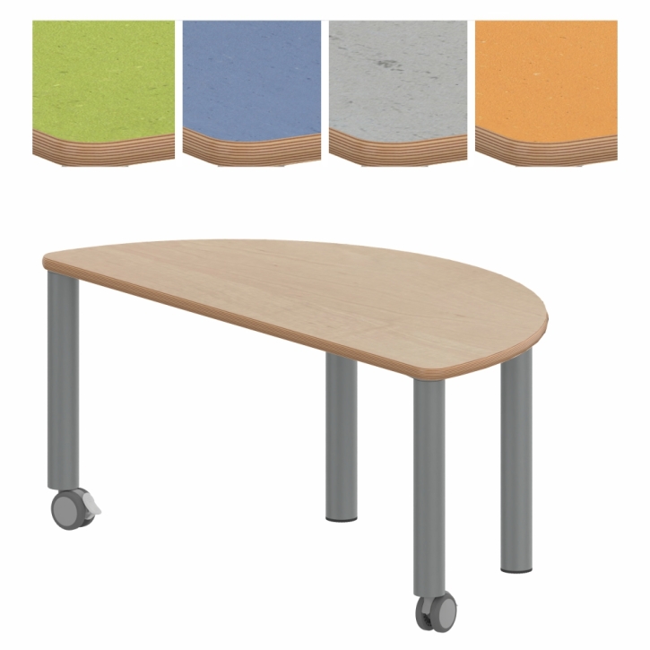 Fahrbarer, zargenloser Halbrundtisch 120x60 cm, Metallbeine