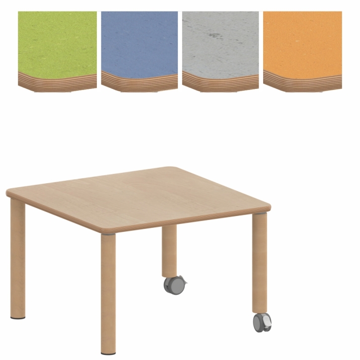 Fahrbarer, zargenloser Quadrattisch 60x60 cm, Holzbeine