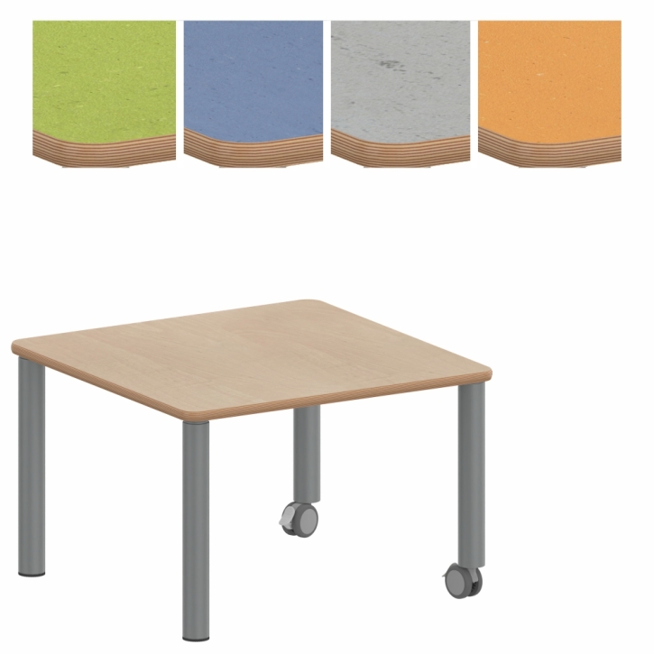 Fahrbarer, zargenloser Quadrattisch 60x60 cm, Metallbeine