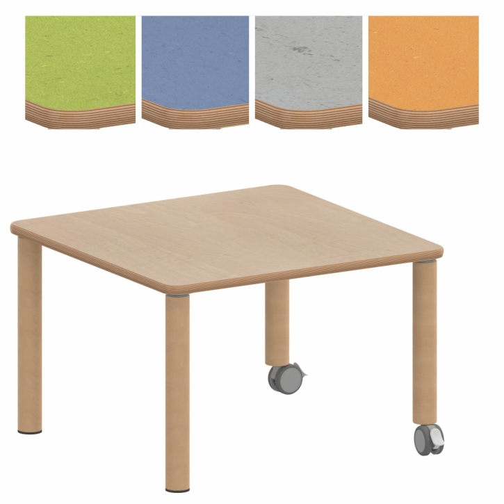 Fahrbarer, zargenloser Quadrattisch 80x80 cm, Holzbeine