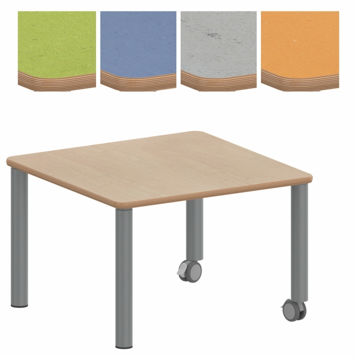 Fahrbarer, zargenloser Quadrattisch 80x80 cm, Metallbeine