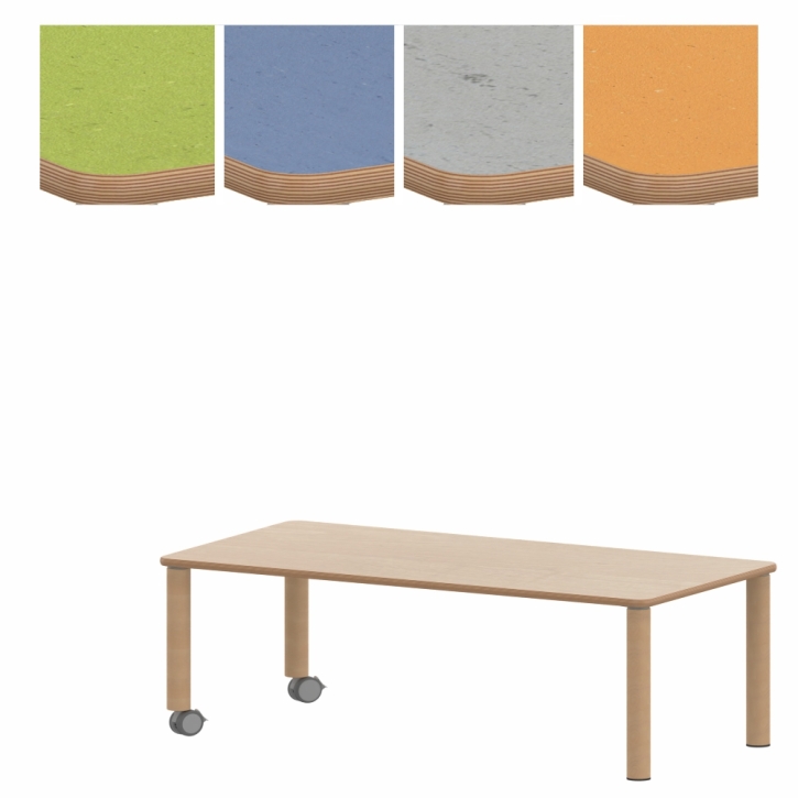 Fahrbarer, zargenloser Rechtecktisch 120x60 cm, Holzbeine