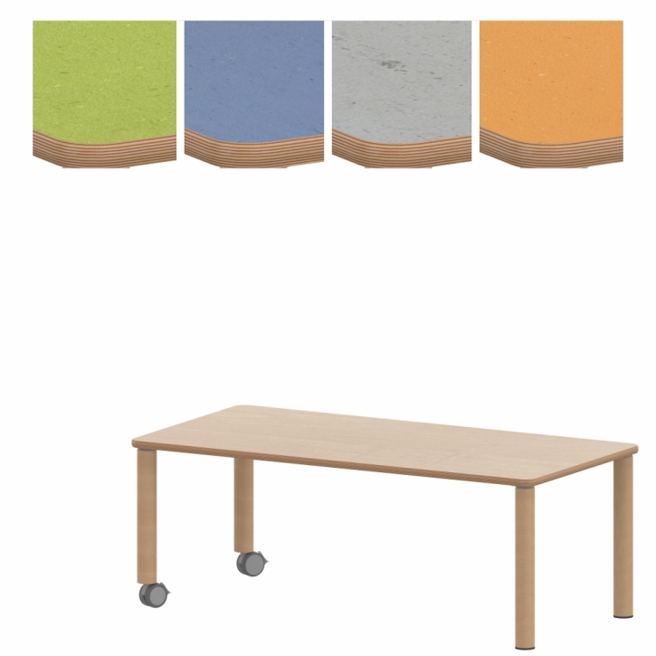 Fahrbarer, zargenloser Rechtecktisch 120x80 cm, Holzbeine
