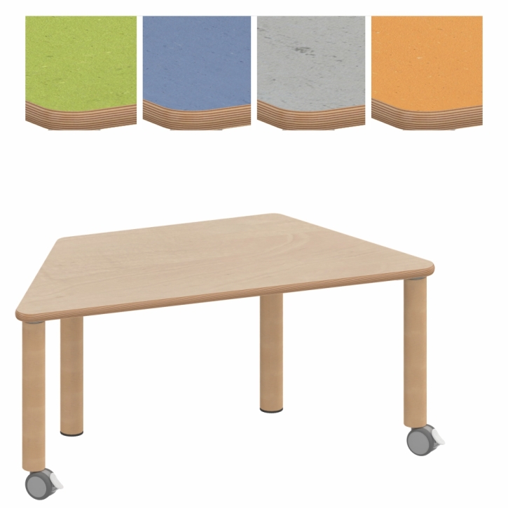 Fahrbarer, zargenloser Trapeztisch 120x60x60 cm, Holzbeine