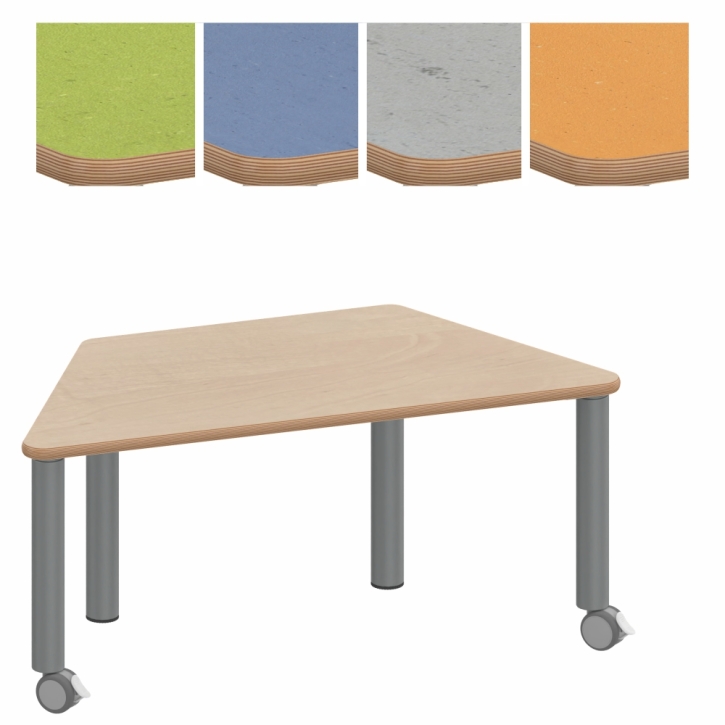 Fahrbarer, zargenloser Trapeztisch 120x60x60 cm, Metallbeine