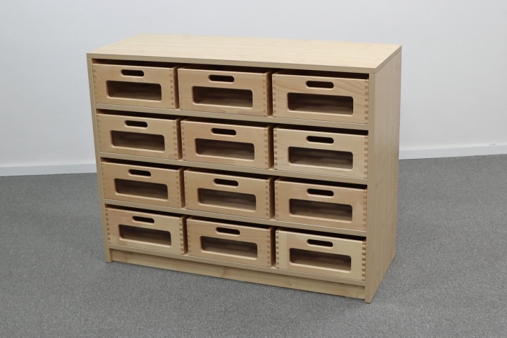 Korpusschrank Ahorn Honig mit 12 großen Materialkästen, B/H/T 102 x 80 x 40 cm, mit Sichtfenster, ohne Filz