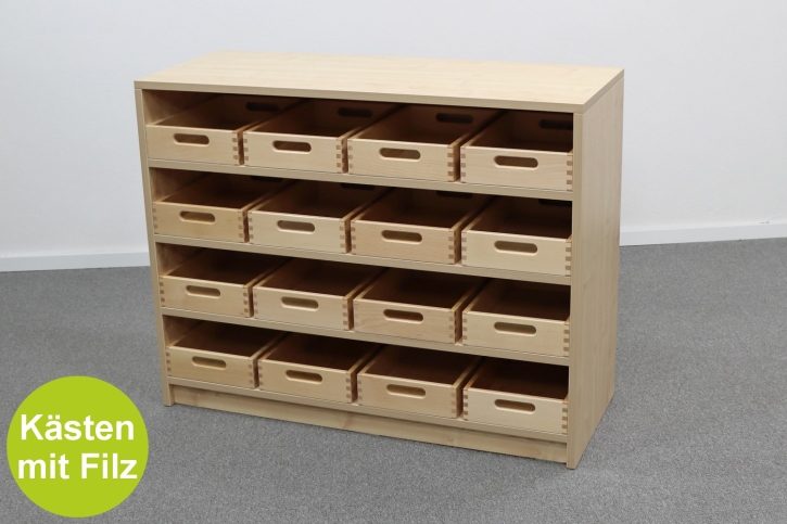 Korpusschrank Ahorn Honig mit 16 flachen Materialkästen, B/H/T 102 x 80 x 40 cm, mit Filz