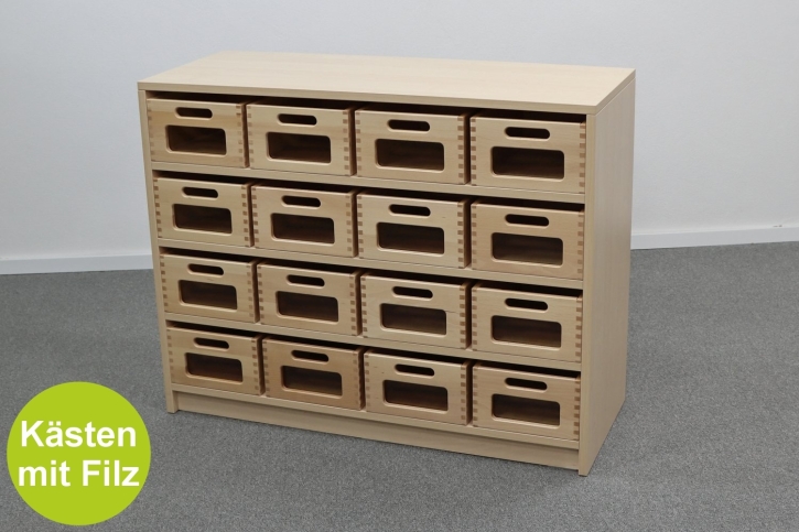 Korpusschrank Birke mit 16 mittleren Materialkästen, B/H/T 102 x 80 x 40 cm, mit Sichtfenster, mit Filz