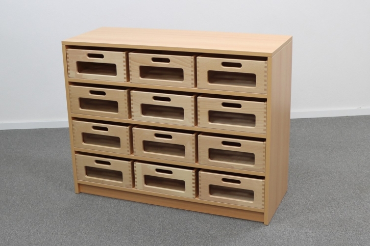 Korpusschrank Buche mit 12 großen Materialkästen, B/H/T 102 x 80 x 40 cm, mit Sichtfenster, ohne Filz