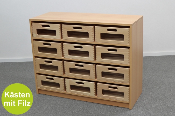 Korpusschrank Buche mit 12 großen Materialkästen, B/H/T 102 x 80 x 40 cm, mit Sichtfenster, mit Filz