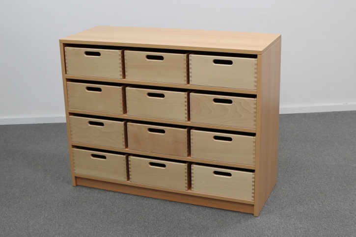 Korpusschrank Buche mit 12 großen Materialkästen, B/H/T 102 x 80 x 40 cm, ohne Sichtfenster, ohne Filz
