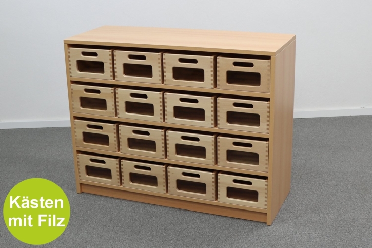 Korpusschrank Buche mit 16 mittleren Materialkästen, B/H/T 102 x 80 x 40 cm, mit Sichtfenster, mit Filz