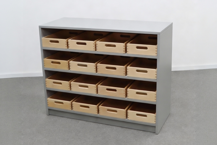 Korpusschrank Grau mit 16 flachen Materialkästen, B/H/T 102 x 80 x 40 cm, ohne Filz