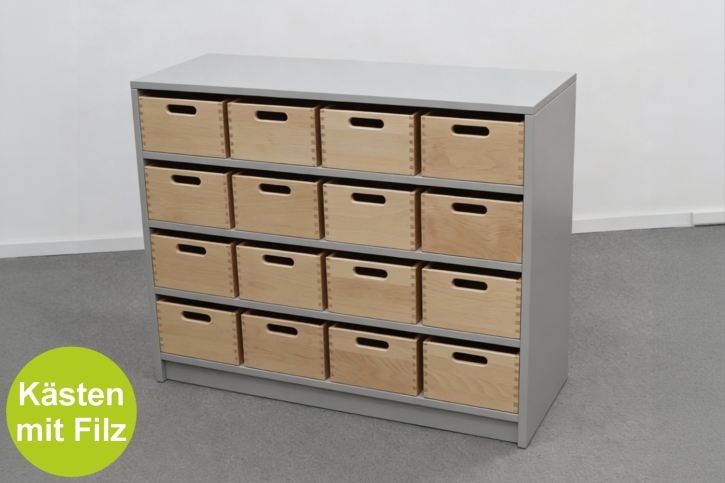 Korpusschrank Grau mit 16 mittleren Materialkästen, B/H/T 102 x 80 x 40 cm, ohne Sichtfenster, mit Filz