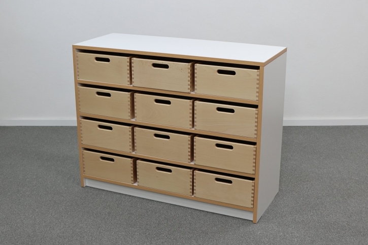 Korpusschrank Weiß-Buche mit 12 großen Materialkästen, B/H/T 102 x 80 x 40 cm, ohne Sichtfenster, ohne Filz