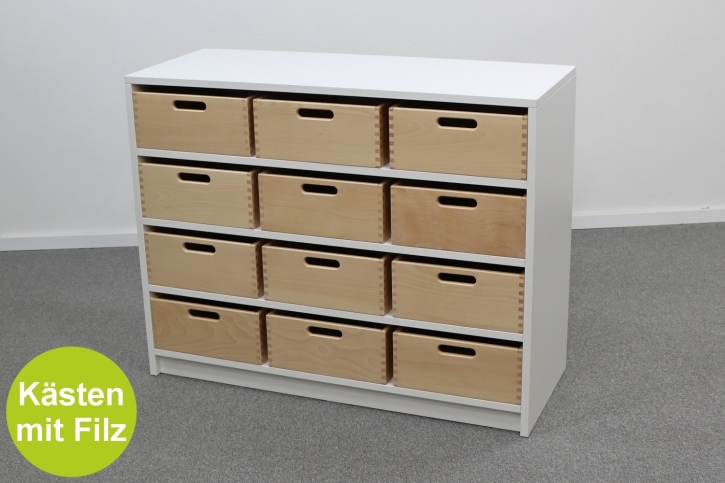 Korpusschrank Weiß mit 12 großen Materialkästen, B/H/T 102 x 80 x 40 cm, ohne Sichtfenster, mit Filz
