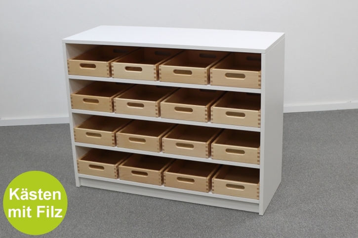 Korpusschrank Weiß mit 16 flachen Materialkästen, B/H/T 102 x 80 x 40 cm, mit Filz