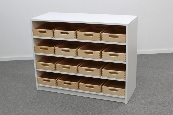 Korpusschrank Weiß mit 16 flachen Materialkästen, B/H/T 102 x 80 x 40 cm, ohne Filz