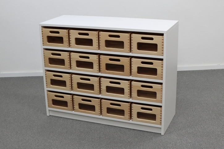 Korpusschrank Weiß mit 16 mittleren Materialkästen, B/H/T 102 x 80 x 40 cm, mit Sichtfenster, ohne Filz