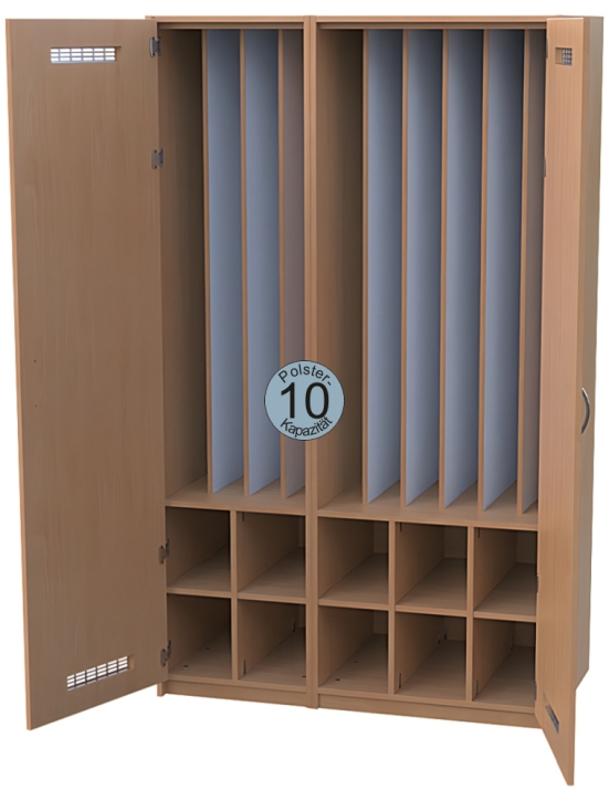 Liegepolsterschrank mit Türen mit Lüftungsgittern, Bettzeugfächer unten, für 10 Polster, B/H/T 125x210x65/71 cm