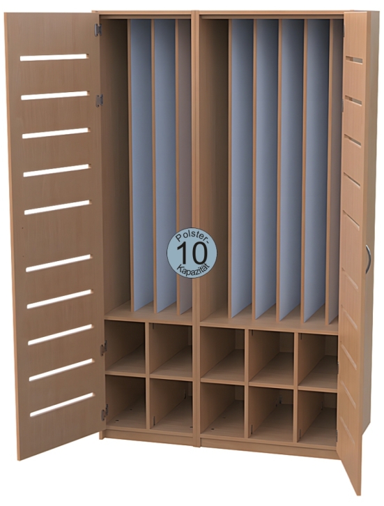 Liegepolsterschrank mit Türen mit Lüftungsschlitzen, Bettzeugfächer unten, für 10 Polster, B/H/T 125x210x65/71 cm