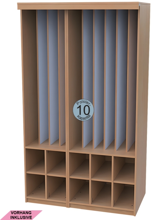 Liegepolsterschrank mit Vorhangschiene, mit Vorhang, Bettzeugfächer unten, für 10 Polster, B/H/T 125x210x65/71 cm