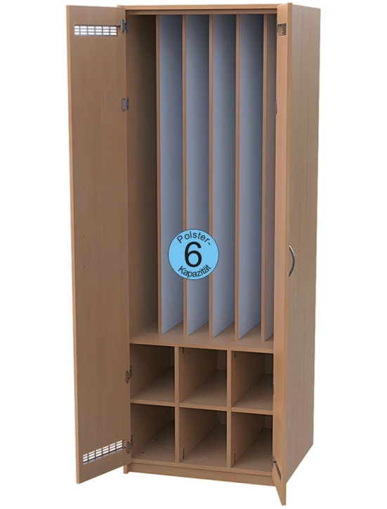 Liegepolsterschrank mit Türen mit Lüftungsgittern, Bettzeugfächer unten, für 6 Polster, B/H/T 75x210x65/71 cm