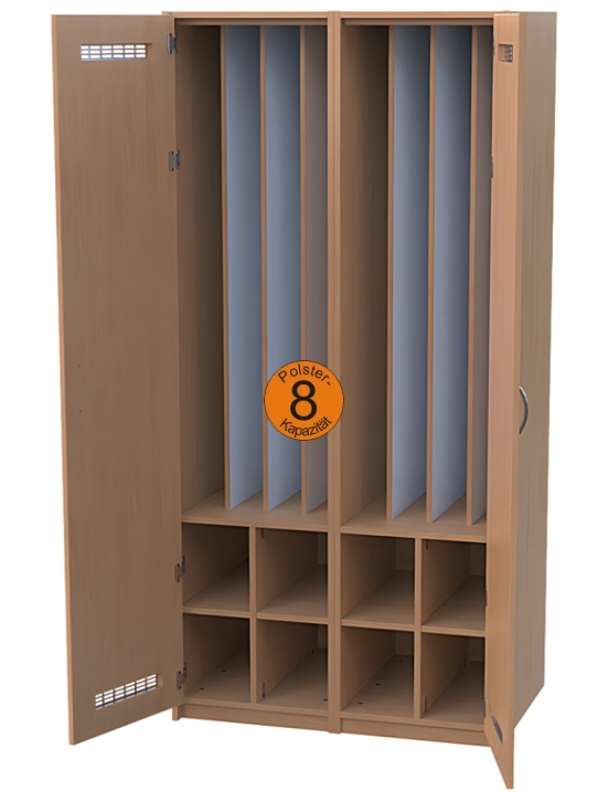 Liegepolsterschrank mit Türen mit Lüftungsgittern, Bettzeugfächer unten, für 8 Polster, B/H/T 101x210x65/71 cm