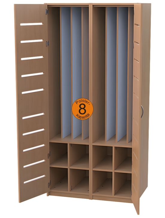 Liegepolsterschrank mit Türen mit Lüftungsschlitzen, Bettzeugfächer unten, für 8 Polster, B/H/T 101x210x65/71 cm