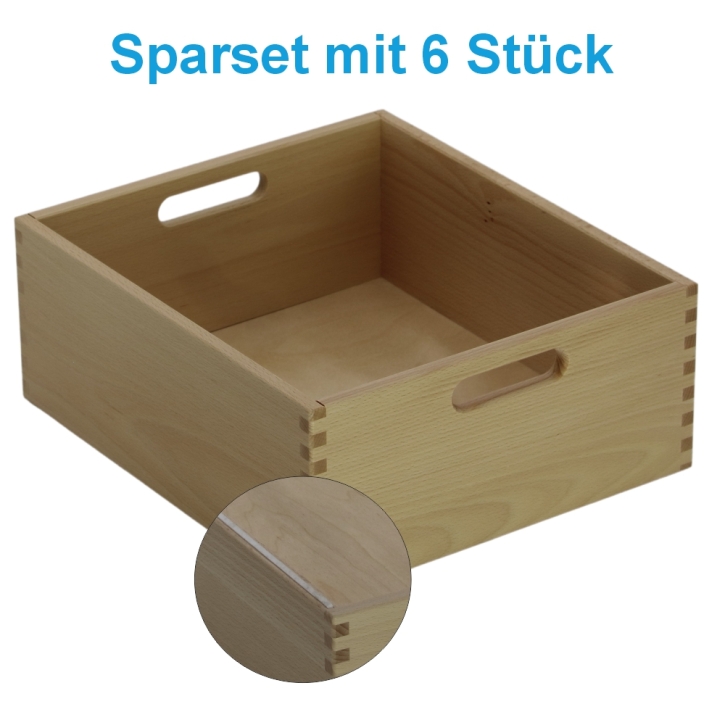 Materialkasten aus Buche Massivholz, Größe "groß", mit Filzschonboden, ohne Sichtfenster im Sparset mit 6 Stück
