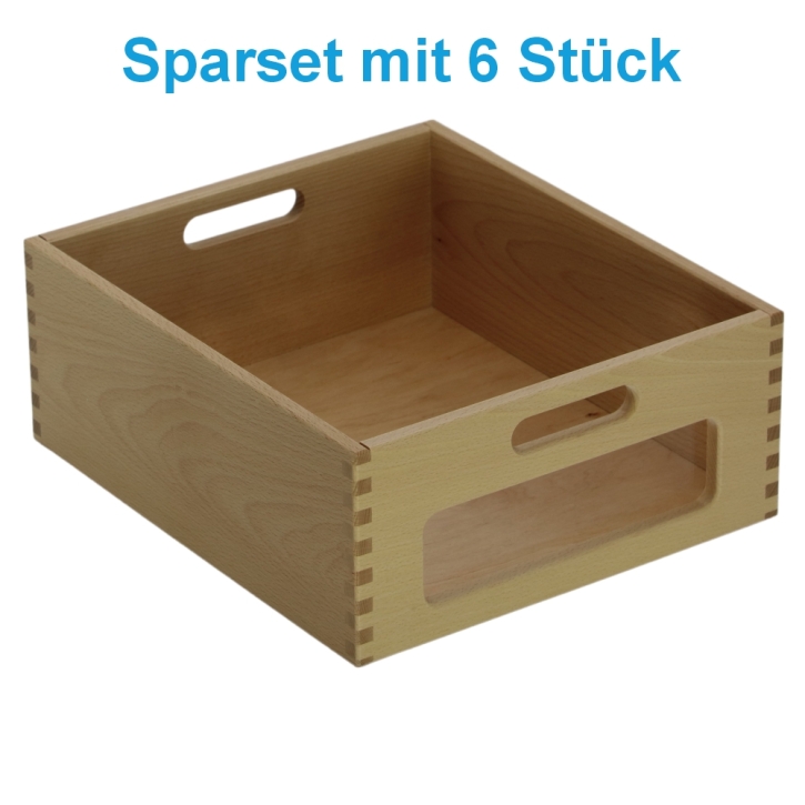 Materialkasten aus Buche Massivholz, Größe "groß", ohne Filzschonboden, mit Sichtfenster im Sparset mit 6 Stück