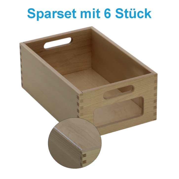 Materialkasten aus Buche Massivholz, Größe "mittel", mit Filzschonboden, mit Sichtfenster im Sparset mit 6 Stück