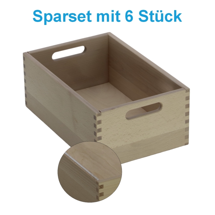 Materialkasten aus Buche Massivholz, Größe "mittel", mit Filzschonboden, ohne Sichtfenster im Sparset mit 6 Stück