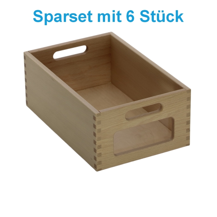 Materialkasten aus Buche Massivholz, Größe "mittel", ohne Filzschonboden, mit Sichtfenster im Sparset mit 6 Stück