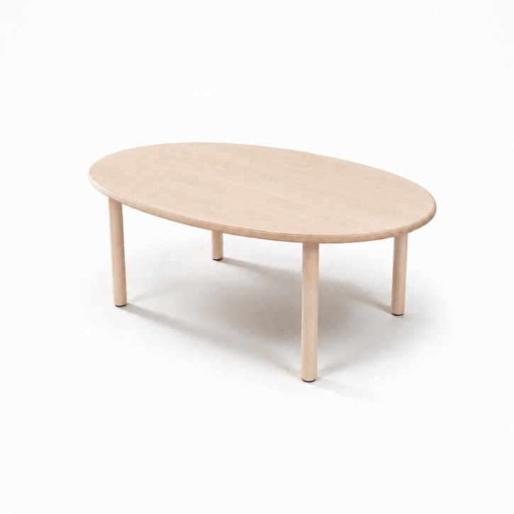 Zargenloser Ovaltisch 140x80 cm, Platte 25mm Buche Multiplex mit HPL, Holzbeine ohne Rollen