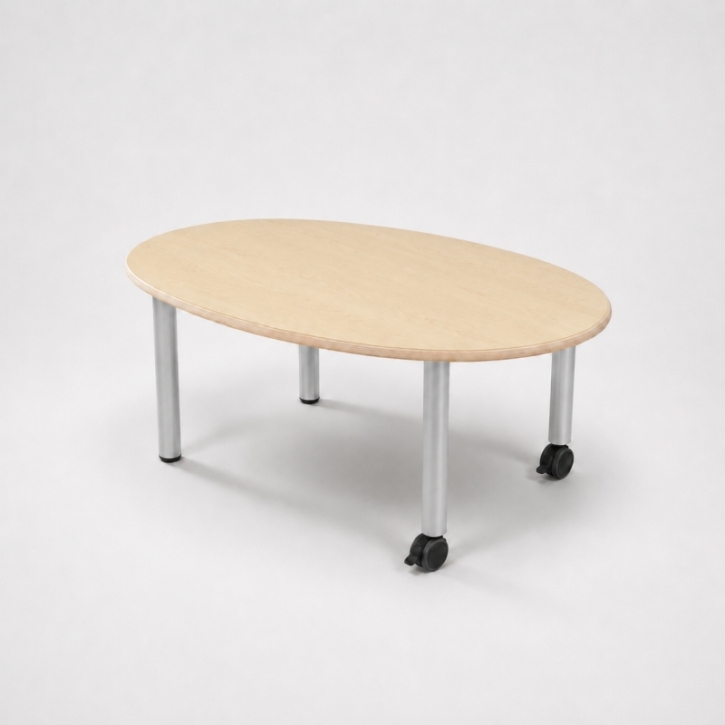 Mobiler, zargenloser Ovaltisch 140x80 cm, Platte 25mm Buche Multiplex mit HPL, Metallbeine