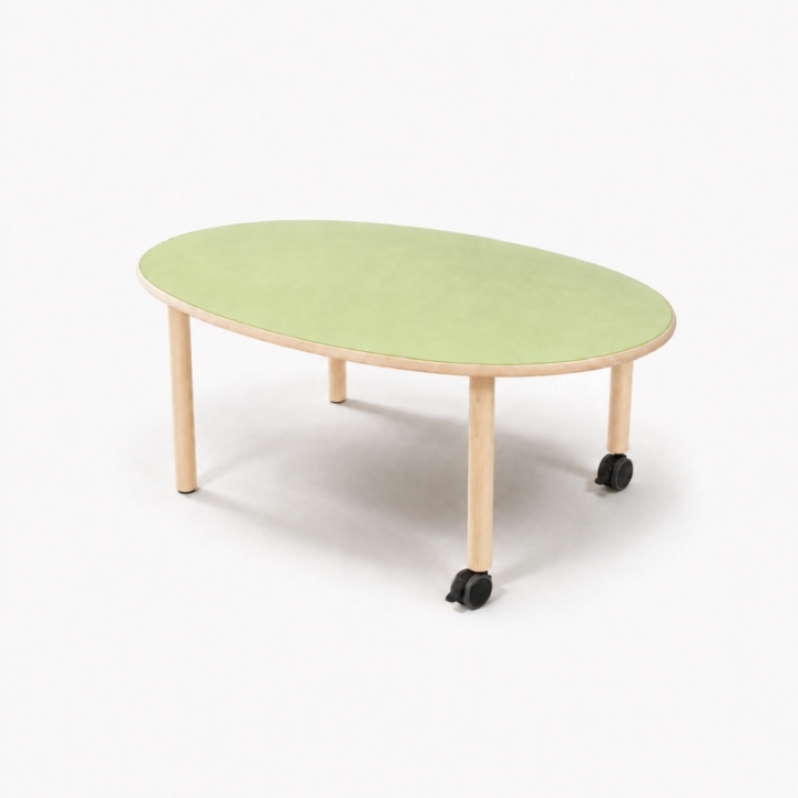 Mobiler, zargenloser Ovaltisch 140x80 cm, Platte 25mm Buche Multiplex mit Linoleum, Holzbeine