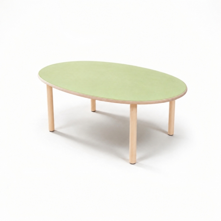 Zargenloser Ovaltisch 140x80 cm, Platte 25mm Buche Multiplex mit Linoleum, Holzbeine ohne Rollen