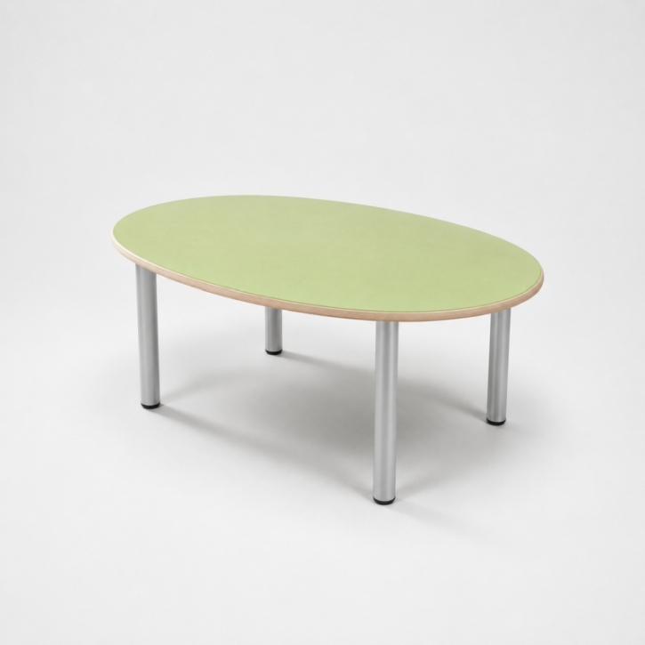 Zargenloser Ovaltisch 140x80 cm, Platte 25mm Buche Multiplex mit Linoleum, Metallbeine ohne Rollen