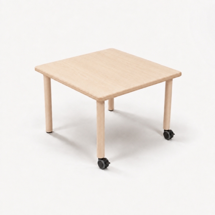 Mobiler, zargenloser Quadrattisch 60x60 cm, Platte 25mm Buche Multiplex mit HPL, Holzbeine