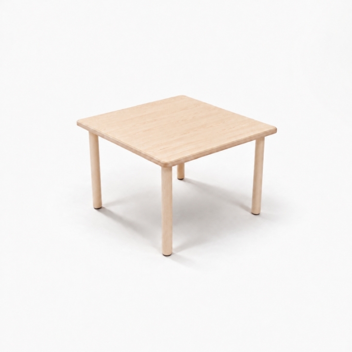 Zargenloser Quadrattisch 60x60 cm, Platte 25mm Buche Multiplex mit HPL, Holzbeine ohne Rollen