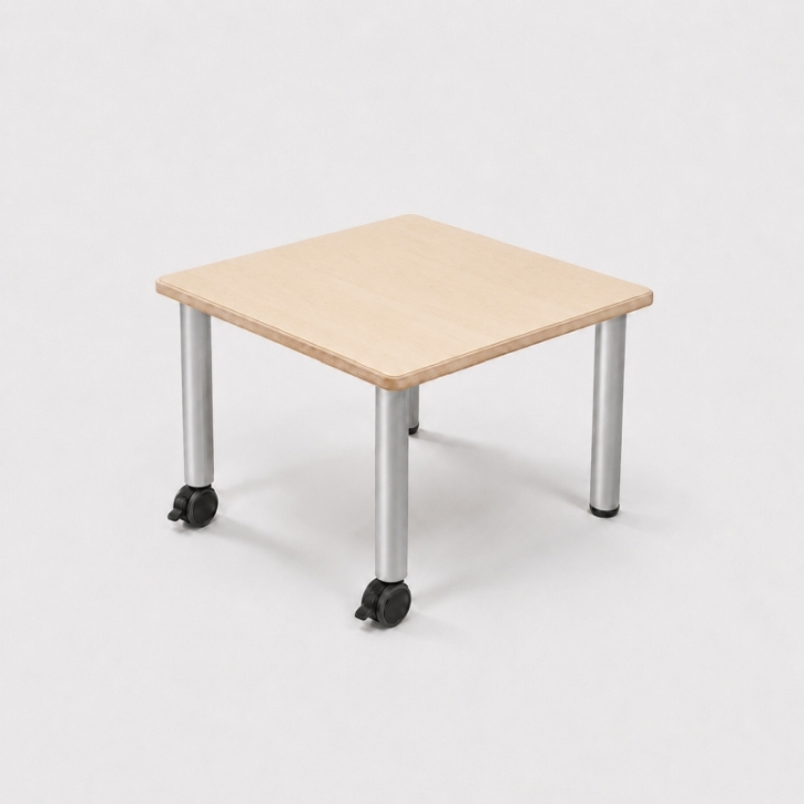Mobiler, zargenloser Quadrattisch 60x60 cm, Platte 25mm Buche Multiplex mit HPL, Metallbeine
