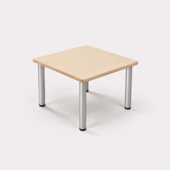Zargenloser Quadrattisch 60x60 cm, Platte 25mm Buche Multiplex mit HPL, Metallbeine ohne Rollen