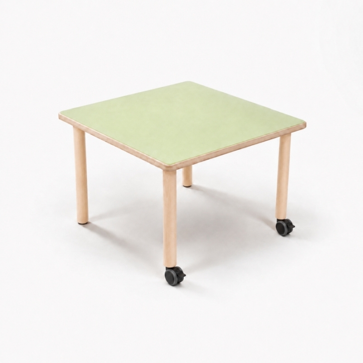 Mobiler, zargenloser Quadrattisch 60x60 cm, Platte 25mm Buche Multiplex mit Linoleum, Holzbeine